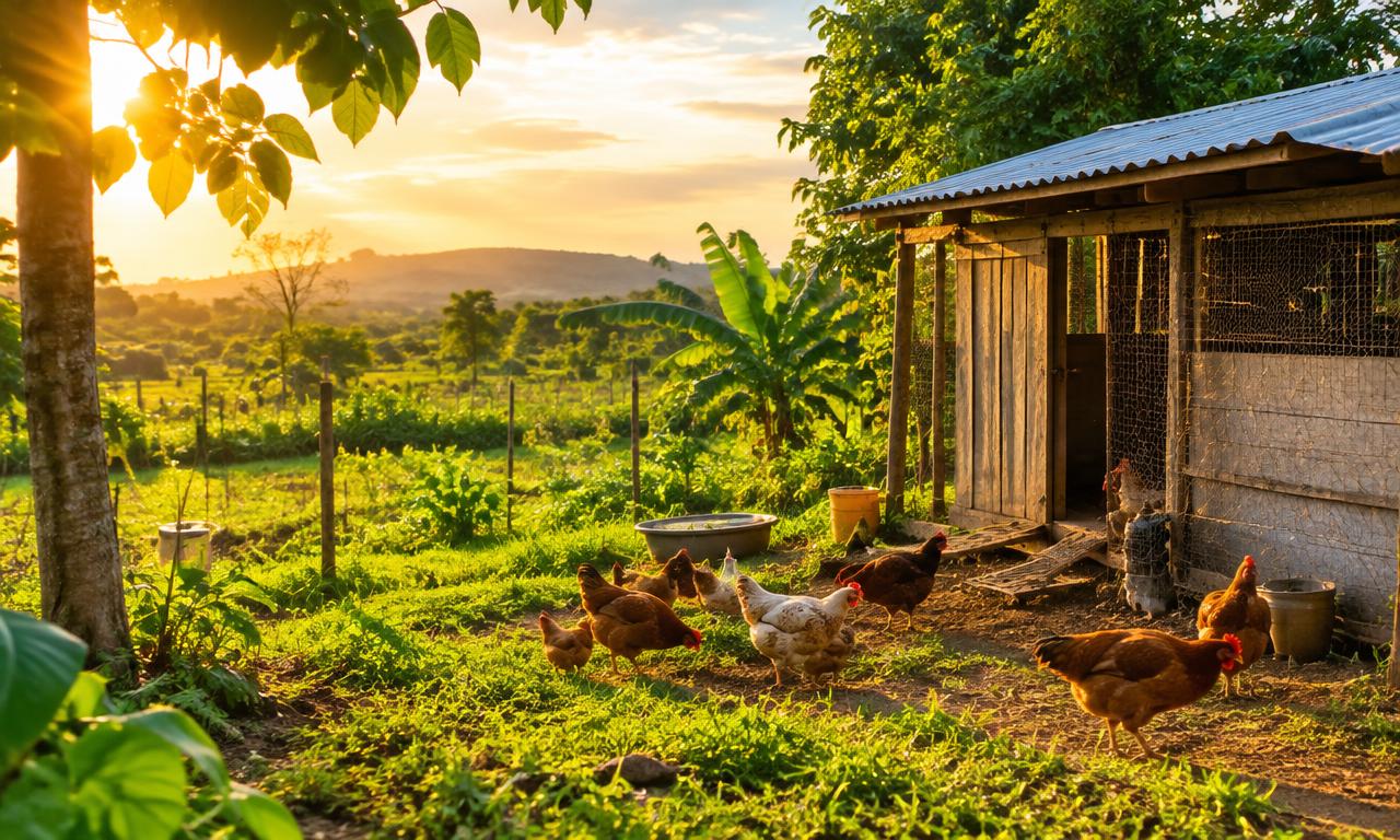 Chickens on a Nigerian farm at sunrise